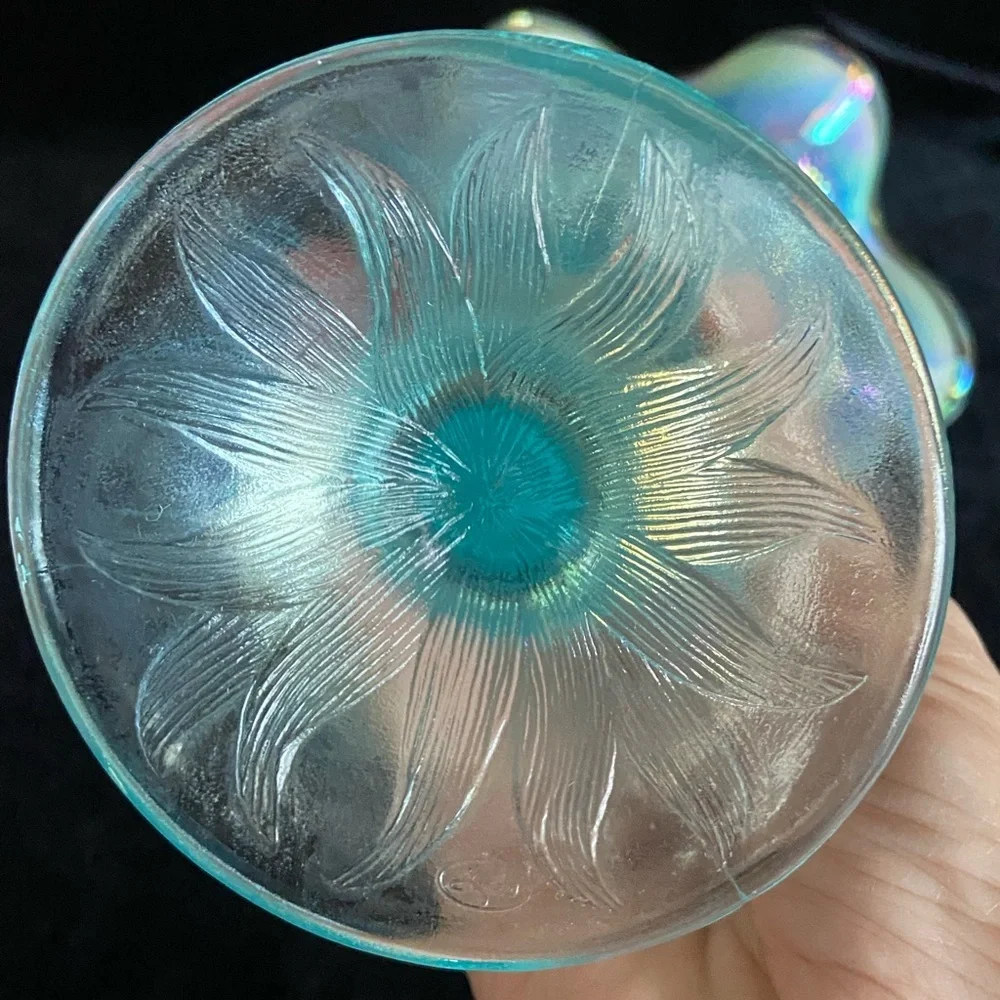Fenton Carnival Glass Vase Daffodil Iridescent Aqua Blue Opaline w/Sticker